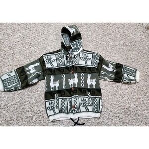 Tejidos Ruminahui Wool Aztec Alpaca Hooded Button Sweater Vintage Youth Equador